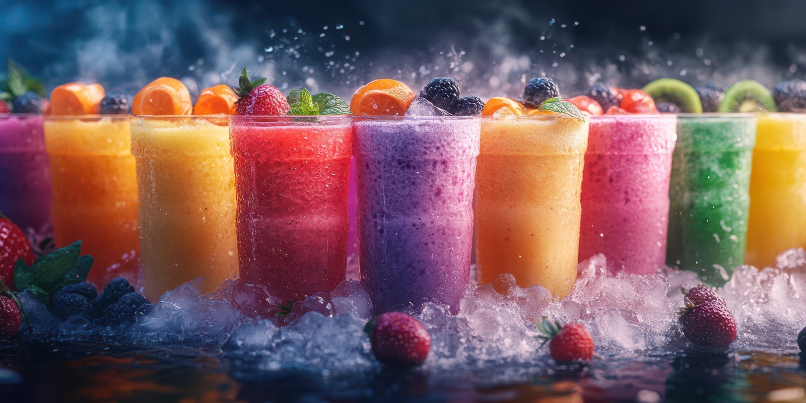 Colorful assortment of fresh fruit smoothies arranged on ice at a summer party setting